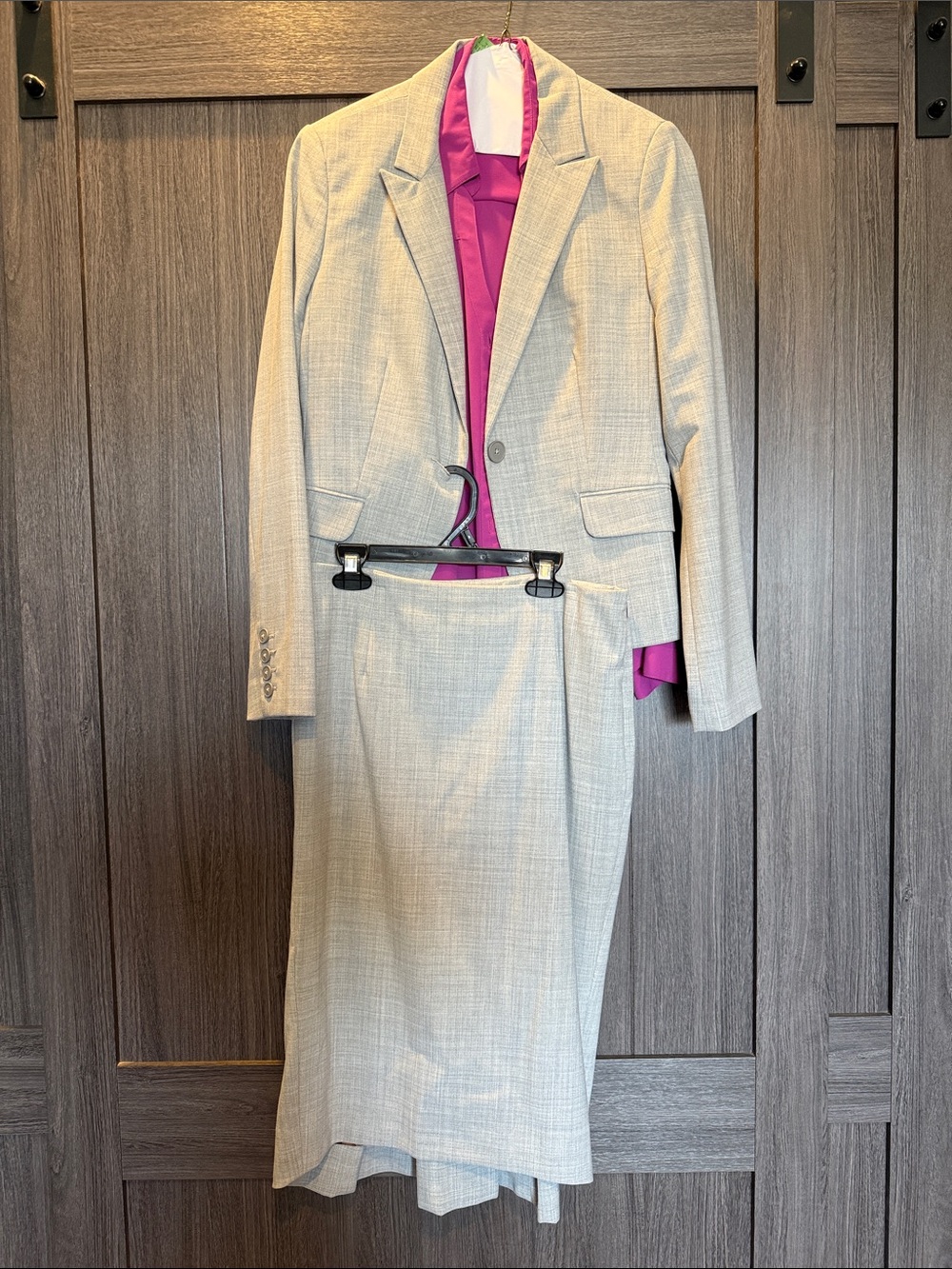 Express Women's Light Gray Skirt Suit with Magenta Portofino Button down